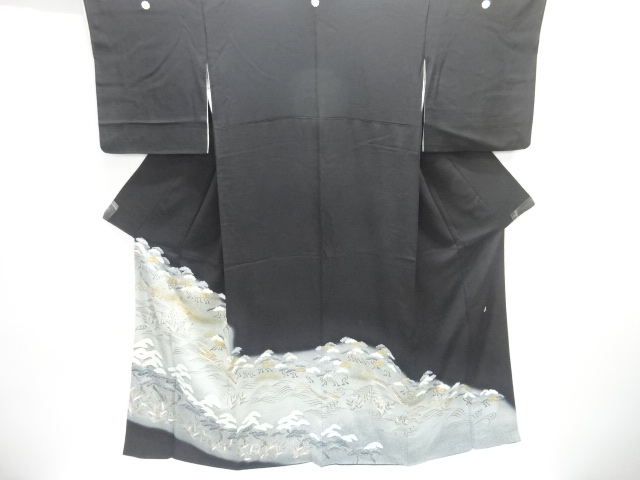 JAPANESE KIMONO / TOMESODE / SILK / PINE GROVE & SMALL BOAT